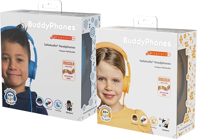 BuddyPhones Explore Plus | Foldable Kids Wired Headphones, Built-in Audio Sharing Cable with in-Line Mic - SafeAudio Volume-Limiting for Kindle, iPad, iPhone, or Android (Rose Pink)