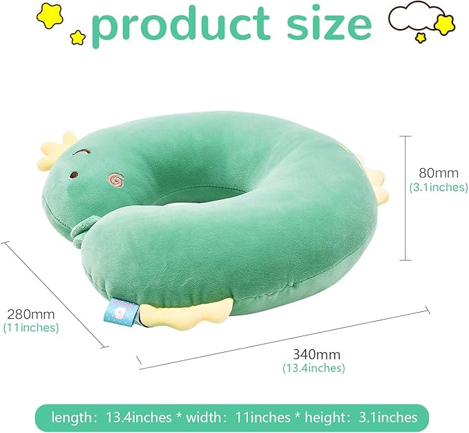 H HOMEWINS Travel Pillow for Kids,Cute Animal Toddler Neck Pillow for Boys Girls,Soft Neck Head Chin Support Pillow,Travel Accessories for Airplane, Car, Train,Recline(Green Dinosaur)
