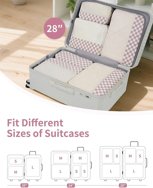 Narwey 7 Set Checkered Packing Cubes for Travel Carry on Suitcase Luggage Organizer Bags for Kids Women Men, Durable Packing Organizers Bag, Travel Essentials Accessories (Dusty Pink Checkerboard)