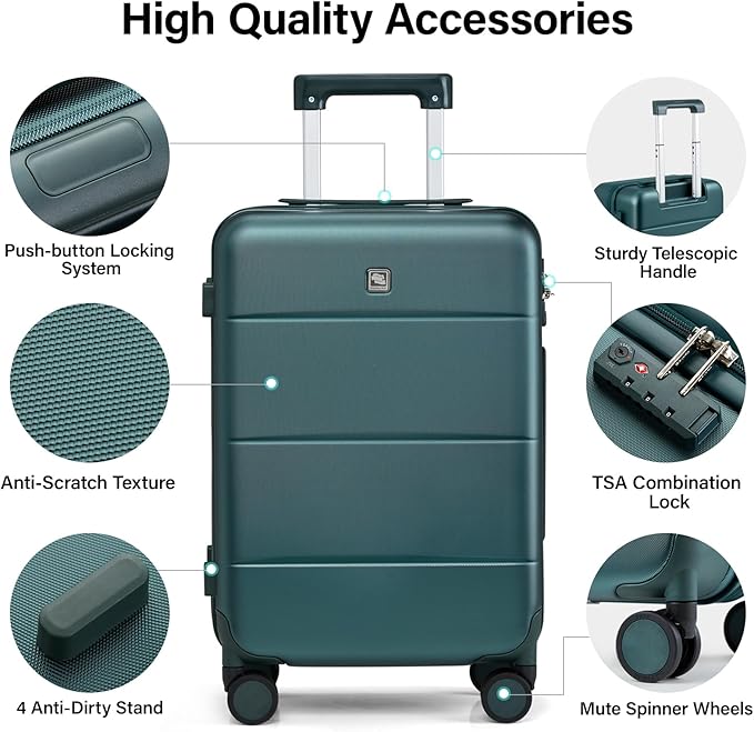 Hanke 24 Inch Checked Luggage with Spinner Wheels Hard Shell Suitcases Lightweight Travel TSA Luggage for Women Men Medium Suitcase(Blackish Green)