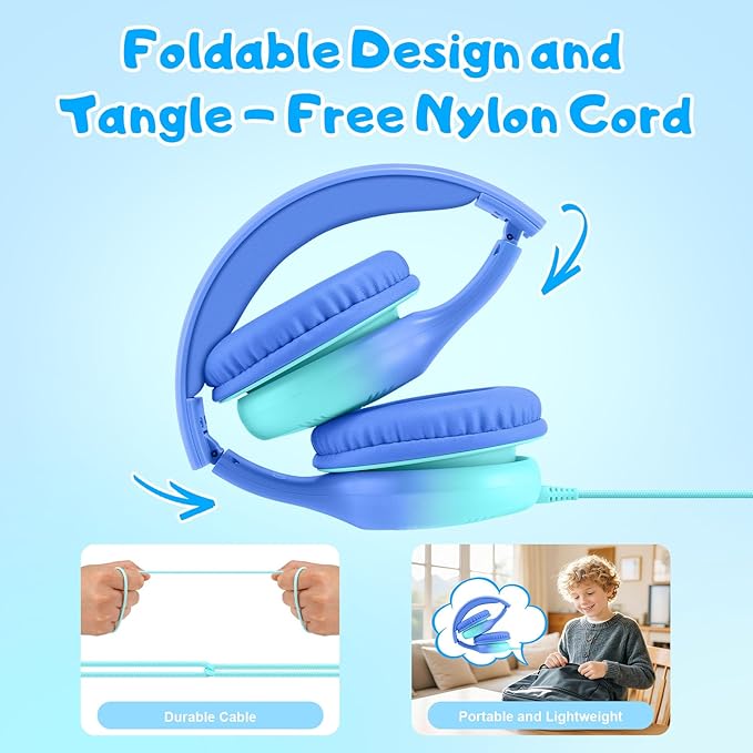 USB Type C Kids Headphones, Wired Headphones for Kids with Microphone 85/94dB Volume Limit, Stereo Sound Portable Over Ear Headphones for School/Travel/Tablet/iPad, Gradient Blue