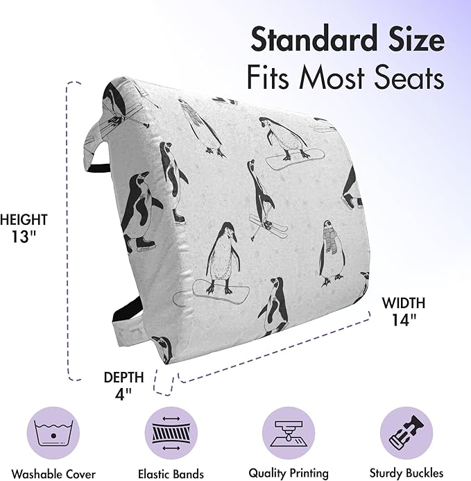 Ambesonne Penguin Lumbar Back Support Pillow, Skiing Penguins on Snowboards Winter Sports Themed Pattern Animal Bird with Scarf, High Density Foam for Office Chairs Car Seats, 14"x13", White and Black