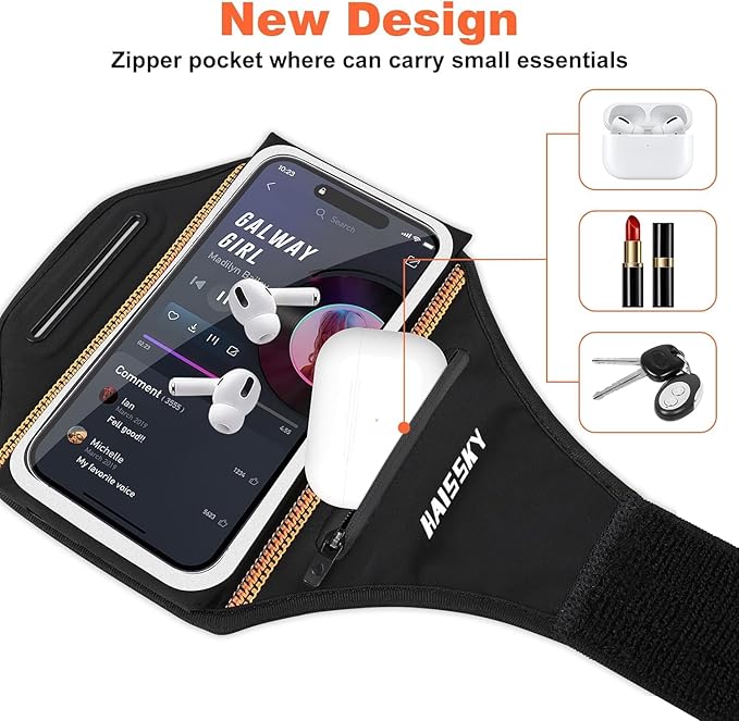 Phone Armband Holder for Running,3D Design Cell Phone Armband with Zipper Pocket for Earbuds Car Keys,Water Resistant Sport Running Arm Band for iPhone 16 15 14 13 12 11 Pro Max Fit Up to 6.9''