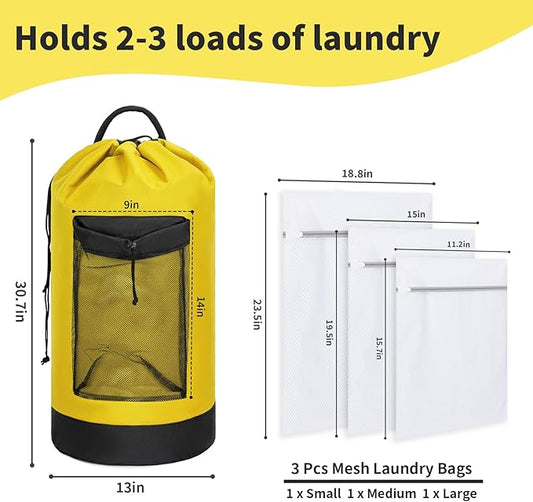 Laundry Bag Backpack with 3 Sizes Mesh Wash Bags and Shoulder Straps Foldable Clothes Hamper Bag with Drawstring Closure for College, Apartment, Laundromat (Yellow)