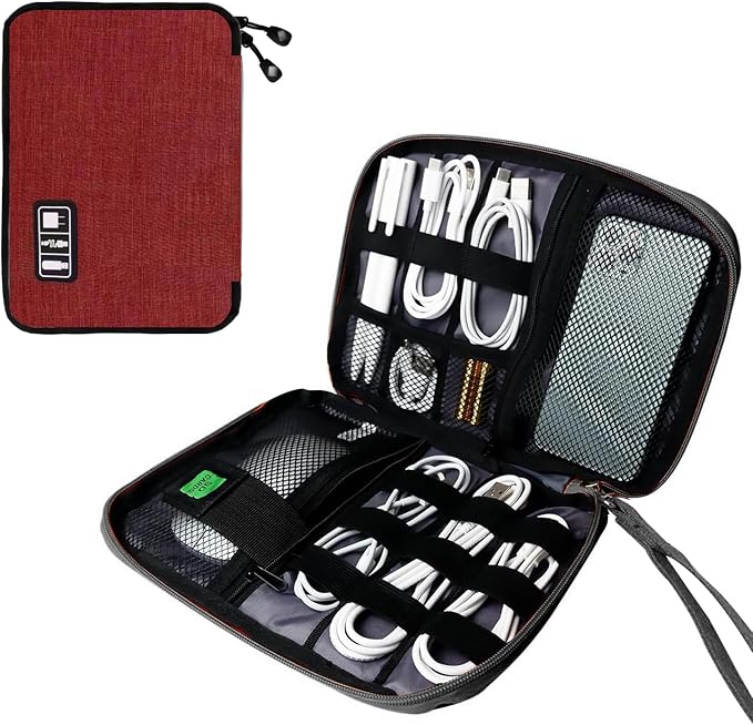 Electronics Travel Organizer,Portable Waterproof Electronic Travel Storage Bag for Small Charging Cord Storage,Charger,SD Card etc,for Travel,Business-Wine Red Black