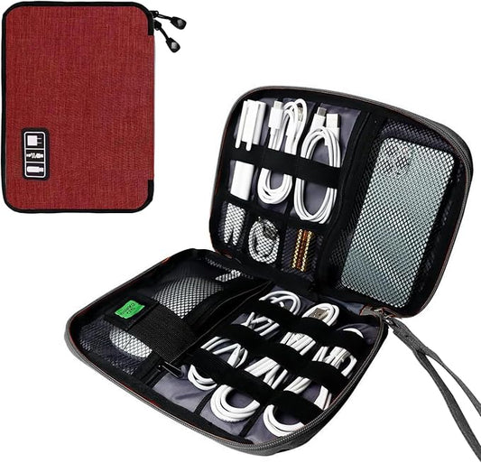 Electronics Travel Organizer,Portable Waterproof Electronic Travel Storage Bag for Small Charging Cord Storage,Charger,SD Card etc,for Travel,Business-Wine Red Black