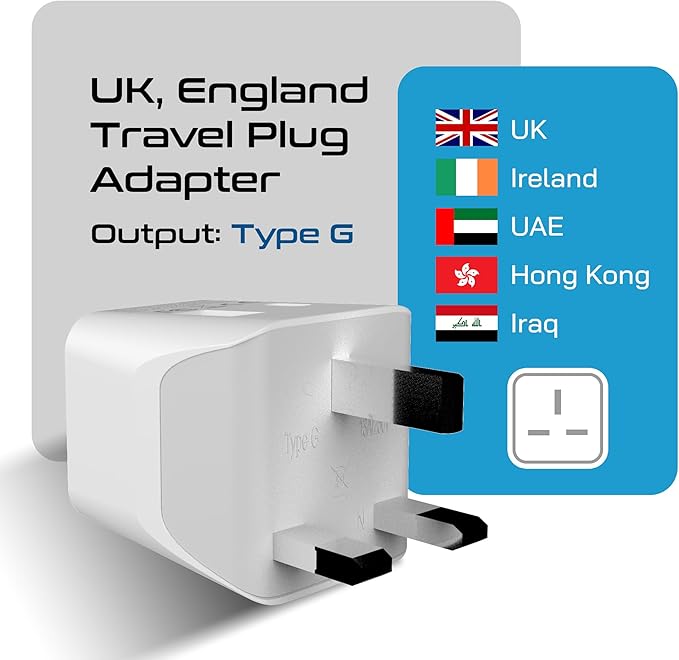 Ceptics UK adapters for travel to London, Hong Kong, Ireland - USB-A + USB-C & USA Input - Type G Adapter Grounded - Ideal for Phone, Laptop, Cameras