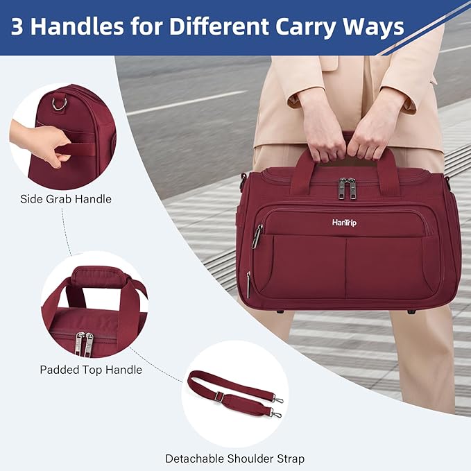 HanTrip Carry on Duffel Bag Foldable Duffle Bags for Travel, Under Seat Personal Item Bags for Airplanes, Weekender Overnight Mens Travel Tote Bag for Women Small Softside Carry on Luggage (Burgundy)