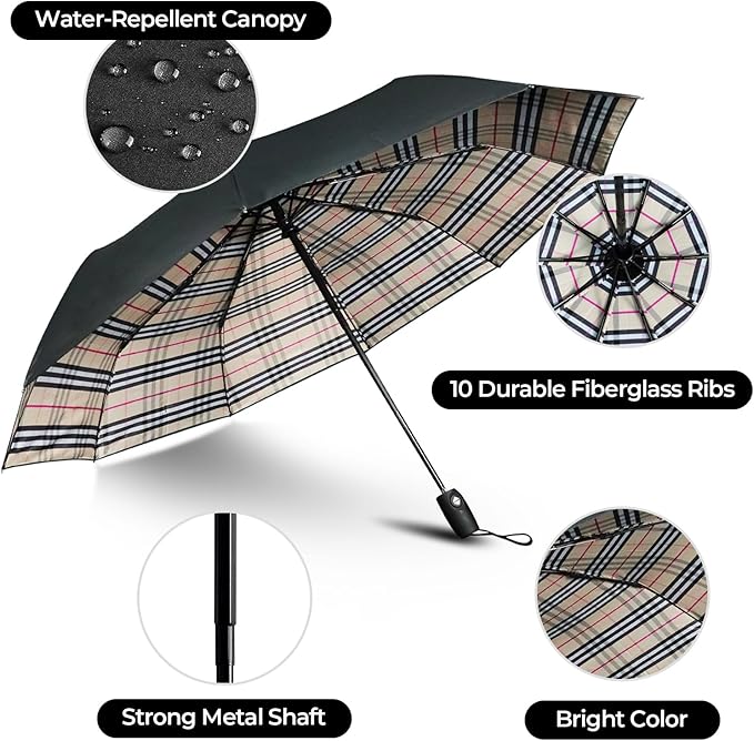 LLanxiry Compact Travel Umbrella, Automatic Open/Close Windproof Umbrella, 10 Fiberglass Ribs, 210T Pongee, UPF 50+ Sun/Rain, Lightweight Portable Umbrellas Travel Size with Carry Sleeve
