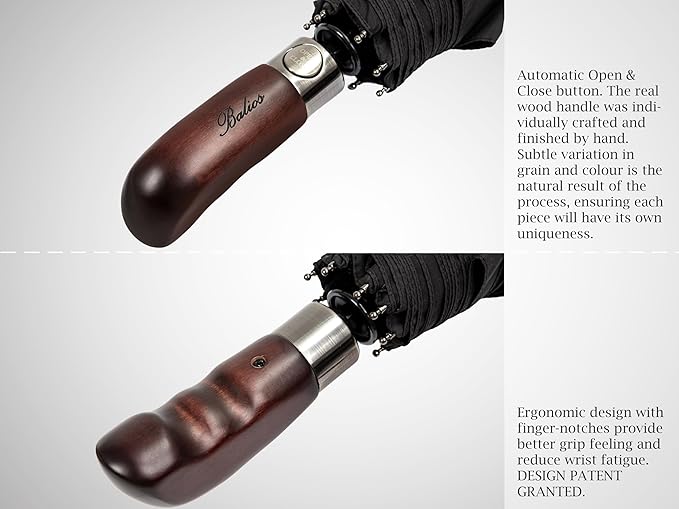 Balios Travel Folding Umbrella with Real Wood Handle Auto Open Close Vented Windproof Canopy - Designed in UK