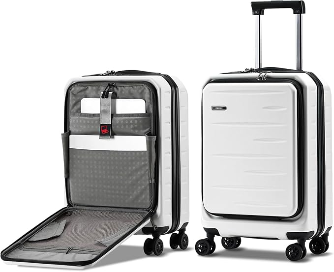Carry On Luggage 22×14×9 Airline Approved, 20 Inch Lightweight ABS+PC Hard Shell Suitcases with Front Pocket, Spinner Wheels, TSA Lock (White, 1PC)