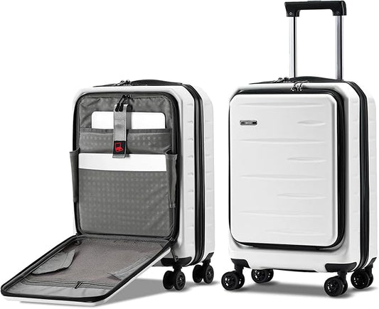 Carry On Luggage 22×14×9 Airline Approved, 20 Inch Lightweight ABS+PC Hard Shell Suitcases with Front Pocket, Spinner Wheels, TSA Lock (White, 1PC)