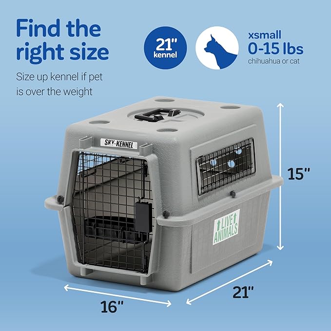 Petmate Sky Kennel For Air and Travel Airline Compliant Dog Crate for Smaller Dog Breeds or Pets up to 15 lbs, Heavy Duty Dog Kennel, Made in the USA- 21" L