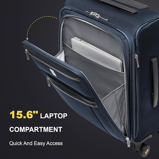 LEVEL8 Carry On Luggage Airline Approved with Compartment, Softside Expandable Rolling Suitcase with Spinner Wheels, Blue, Carry-On 20-Inch