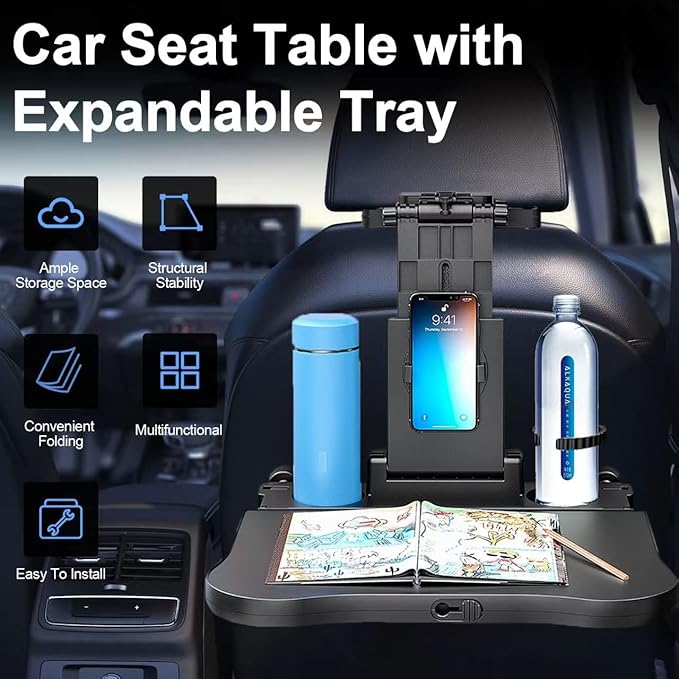 Portable Car Seat Tray Table, Car Backseat Table, Adjustable Seat Back Laptop Desk Foldable Telescopic Auto Backseat Food Trays Desk with Phone Drink Holder for Working Writing Traveling