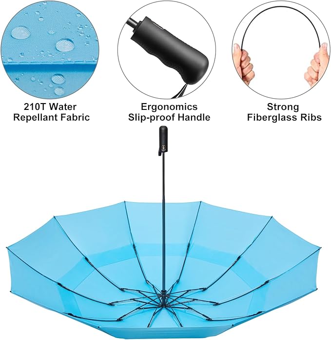 G4Free 42 Inch Inverted Travel Umbrella Compact Windproof 10 Ribs Reverse Small Portable Umbrella for Rain Double Canopy Vented Automatic Open Close for Women(Sky Blue)