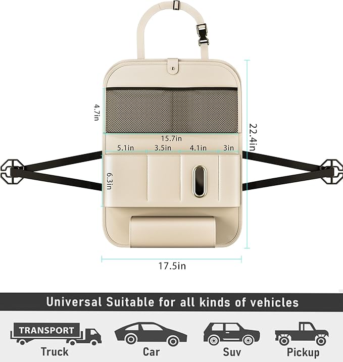 GMQ Backseat Car Organizer with Tray 1 Pack,Car Backseat Organizer with Foldable Table for Kids,Multifunctional Seat Back Organizer with Storage Pockets Car Storage Organizer (Beige)