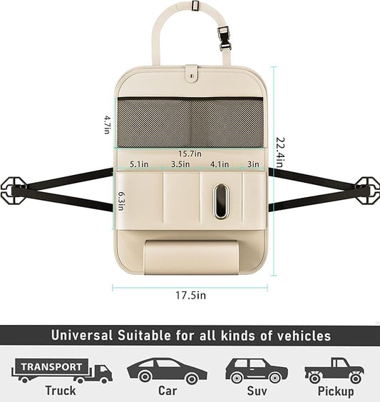 GMQ Backseat Car Organizer with Tray 1 Pack,Car Backseat Organizer with Foldable Table for Kids,Multifunctional Seat Back Organizer with Storage Pockets Car Storage Organizer (Beige)