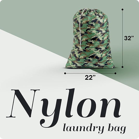 Nylon Laundry Bag - Locking Drawstring Closure and Machine Washable. These Bags will Fit a Laundry Basket or Hamper and Strong Enough to Carry up to Three Loads of Clothes. (Camouflage)