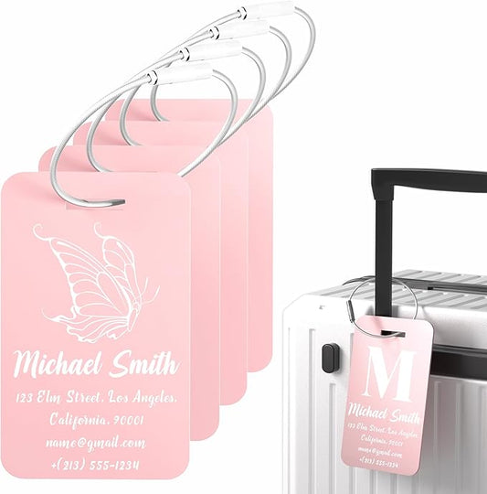 4 PCS Personalized Luggage Tags for Suitcase, Custom Engraved Aluminum Luggage Tags with Your Personalized Text Logo, Metal Name Tags with Steel Loop for Bag, Suitcase, Backpack (Pink, Large)