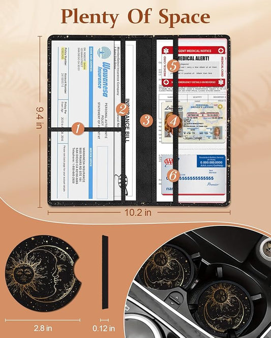 Slohif Car Registration and Insurance Card Holder with Magnetic Shut - Vehicle Glove Box Organizer Women Leather Automobile License Holders Coasters Auto Accessories Case for Document Moon Sun Black