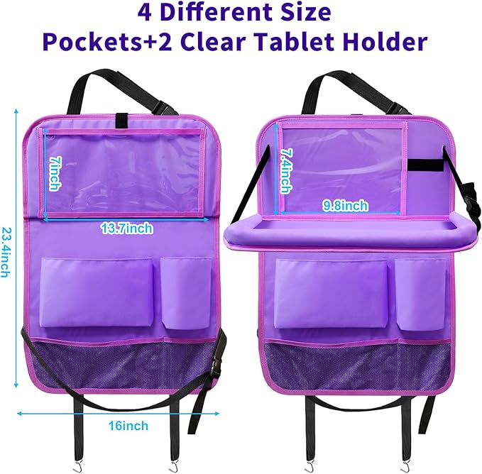 Etre Jeune Car Seat Back Organizer Table Tray, Car Seat Storage Organizer for Kids with Foldable Tablet Holder, 6 Storage Pockets Kick Mats 600D Oxford, 2 Pack Purple