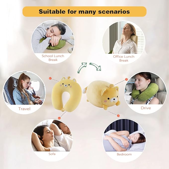 Kids Travel Pillow - 2-in-1 Deformable Kids Neck Pillow for Traveling, Soft U-Shaped Pillow with Adorable Animal Design, Comfy Sleep and Play, Ideal for Airplanes and Cars - Yellow Bear