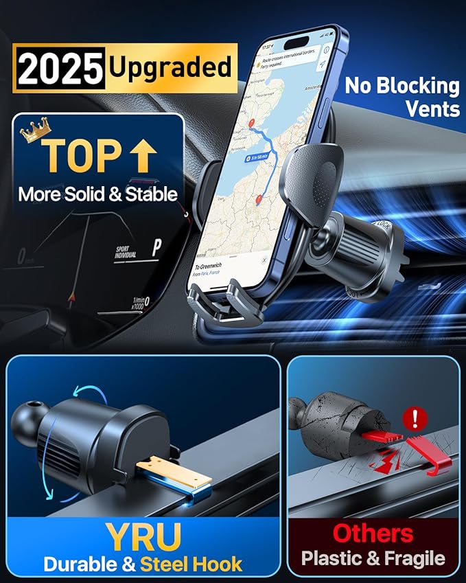 YRU [2025 Upgraded Universal Car Phone Holder Mount【360°Rotatable & Strong Suction】 Cell Phone Car Dashboard Windshield Phone Holder Dash Vent Stand for iPhone 17 16 Pro Max Samsung Truck, Star Blue
