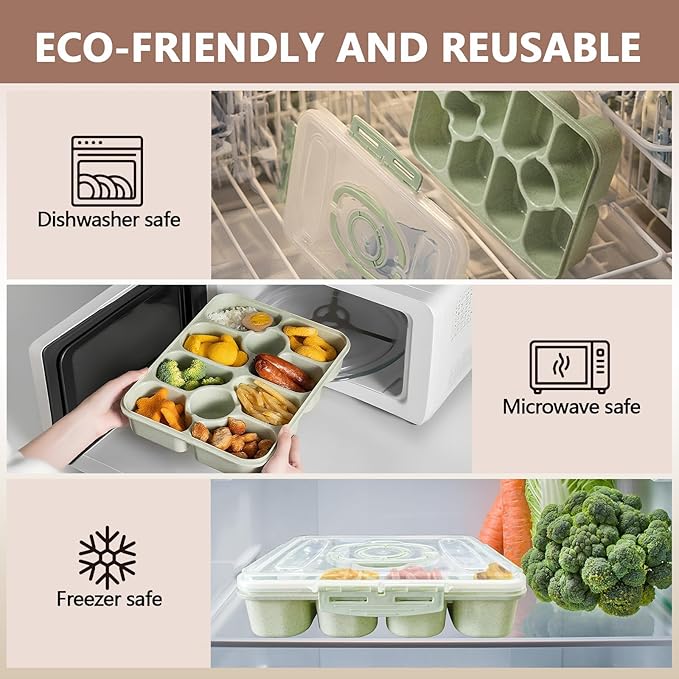 Dishwasher Safe Snackle Box Container, Snack Divided Serving Tray with Lid, Portable Snack Organizer with Date Marker, 2 Dressing Containers, Fork and Spoon, Green