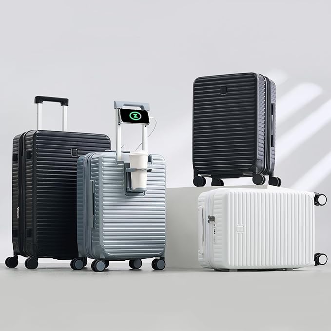 Hard Shell Suitcases 24 Inch Check in Luggage with Spinner Wheels, Expandable Travel Luggage with Cup Holder Charger Built in, Checked Medium Suitcase Lightweight Suitcases, Silver