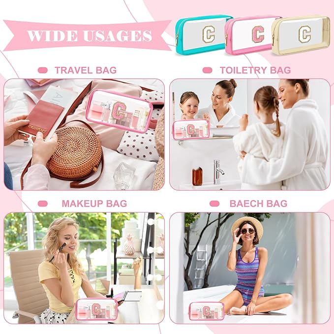Personalized Initial Letter Clear Makeup Bag,Preppy Small Nylon&PVC Cosmetic Zipper Bag with Chenille Letter,Portable Beach Travel Skincare Toiletry Bag,Trendy Monogram Gift for Teen Girls Women,C