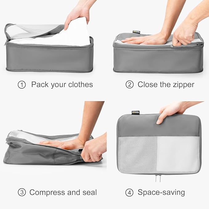 6 Set Compression Packing Cubes for Travel Essentials, Luggage Organizers for Suitcases (Silver)