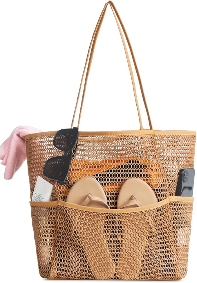 Iioscre Mesh Beach Tote Bags for Womens, Causal Hobo Pool Bags for Swimming Pools Vacations Beach Essentials