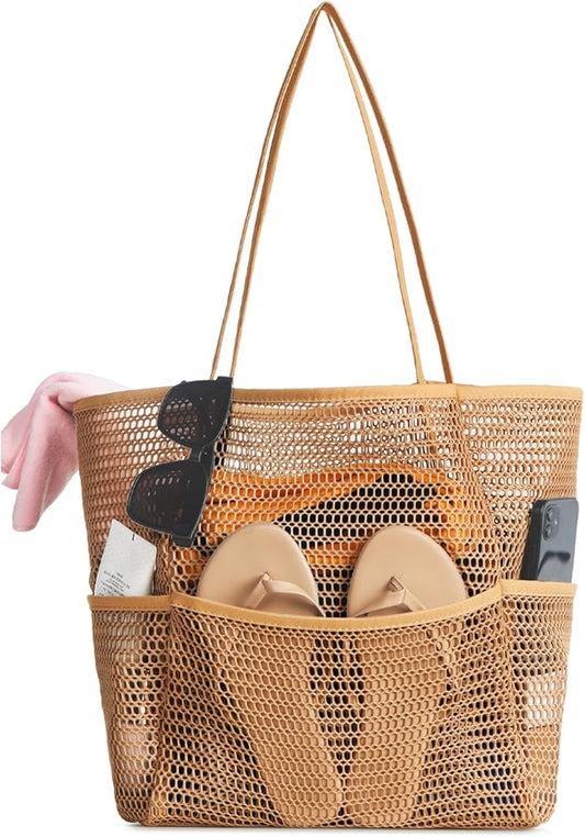 Iioscre Mesh Beach Tote Bags for Womens, Causal Hobo Pool Bags for Swimming Pools Vacations Beach Essentials