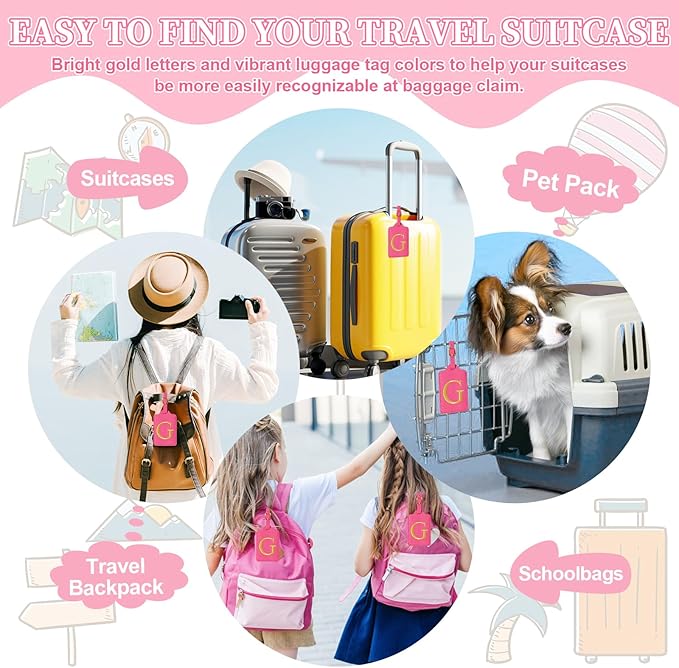 Personalized Rose Red Leather Initial Luggage Tags with Privacy Cover Name Card, Custom Monogram Embroidered Cute Suitcase Tags for Women Kids