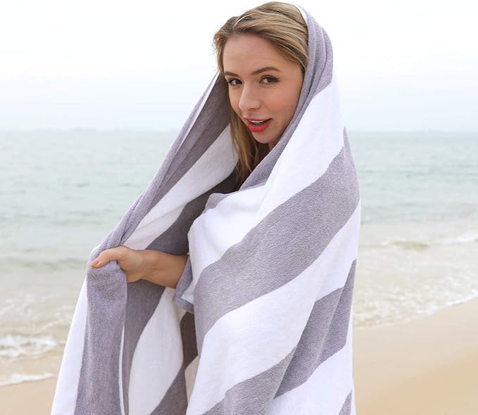 CLOWOOD Plush Oversized Beach Towel - Cotton 40 x 70 Inch Large Thick Charcoal Grey Striped Cabana Pool Swimming Towel