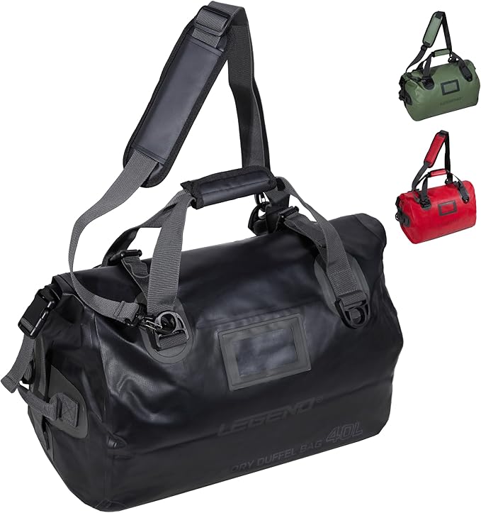 LEGEND Waterproof Duffel Bag - Heavy Duty Duffle Bag for Outdoor, Camping, Boating & Travel, Premium PVC Dry Duffel Bag, Motorcycle Dry Bag with Durable Strap & Handles with Large Storage - 40L Black