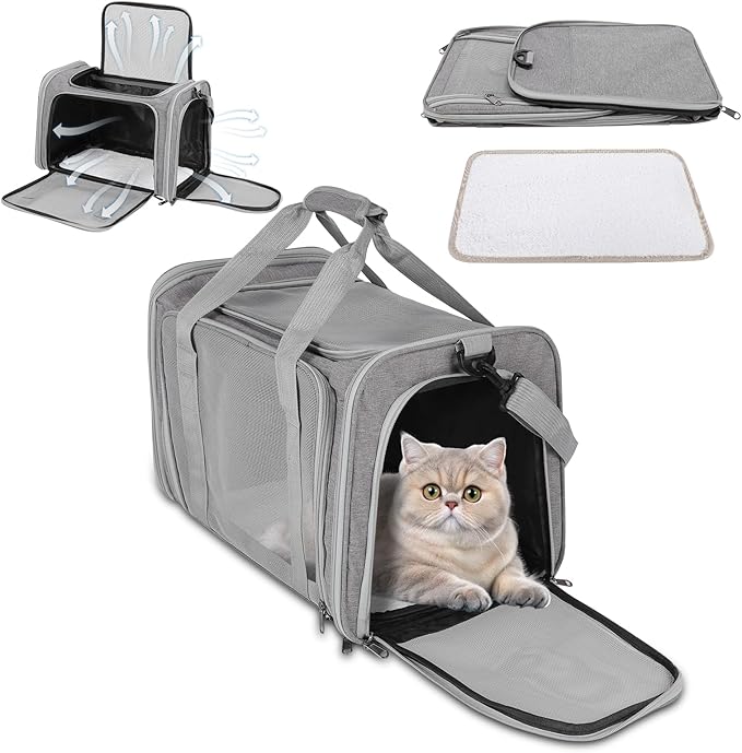 Pet Portable Travel Carrier Bag for Cats Dogs, Mesh Travel Puppy Carrier, Oxford Fabric Large Capacity Breathable Soft-Sided Animals Carrier with Mat Shoulder Strap (Grey)