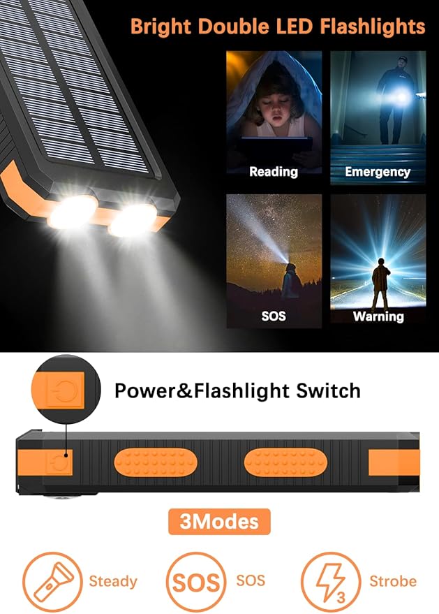 Solar Power Bank - 36800mAh Solar Phone Charger, USB-C QC3.0 Fast Charger with LED Flashlight, IP65 Waterproof Portable Power Bank for Camping, Hiking Outdoor Activities（Orange）