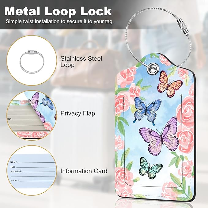 2Pack Luggage Tags for Suitcases, Cute Unique Pu Leather Cruise Luggage Tag with Privacy Cover ID Label Address Card and Metal Ring Suitable for Women Men Kids Travel Bag Pink Flowers and Butterflies