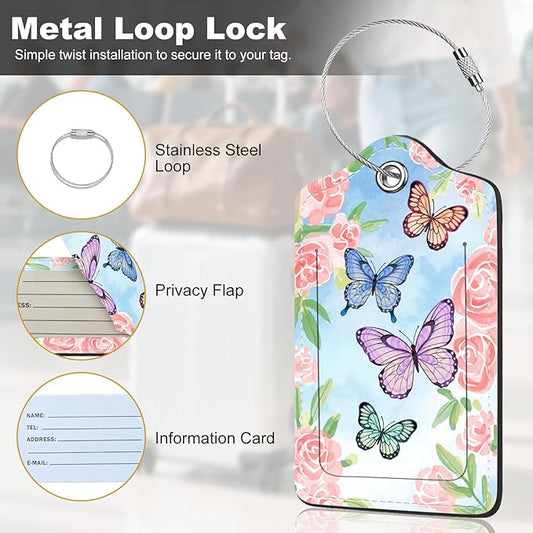 2Pack Luggage Tags for Suitcases, Cute Unique Pu Leather Cruise Luggage Tag with Privacy Cover ID Label Address Card and Metal Ring Suitable for Women Men Kids Travel Bag Pink Flowers and Butterflies