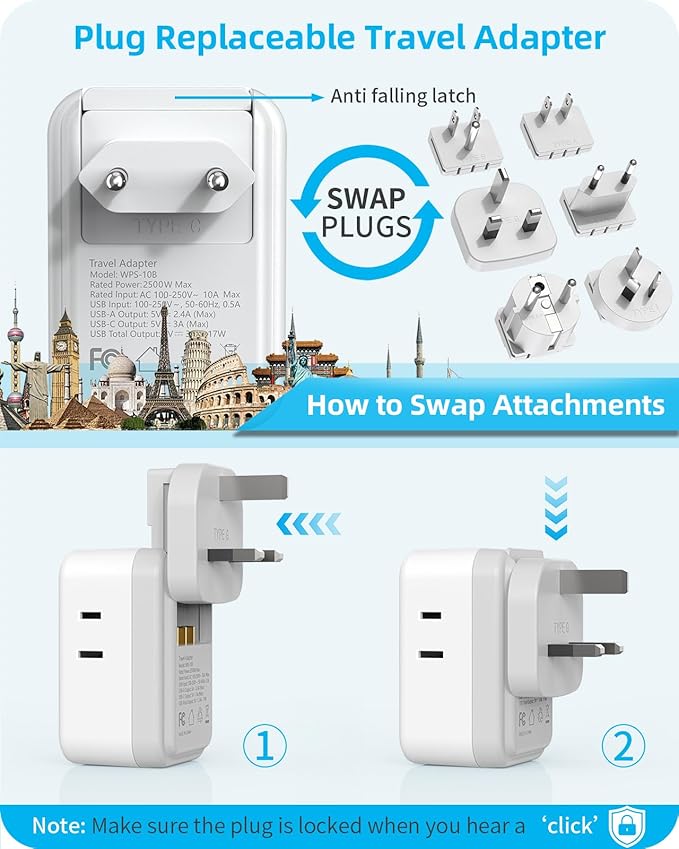 International Power Adapter Set, US to EU/UK/AUS/Japan Universal Travel Adapter- 4 AC Outlets 4 USB Ports (2 USB C), Worldwide Travel Plug Adapter Kit Include Type F/G/I/C/B/A Detachable Charger Plug