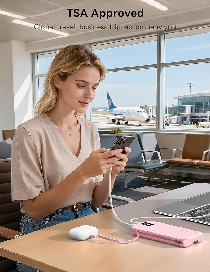 Portable Charger, 12000mAh 22.5W Fast Charging Power Bank with Built-in Cables & Wall Plug, Travel Essential Battery Pack with LED Display, USB C Battery Phone Charger for iPhone, iPad, Samsung Pink