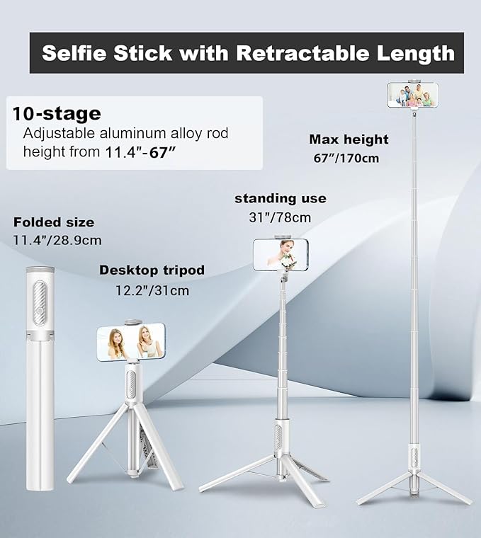 TONEOF 67" Travel Tripod,Selfie Stick,All-in-1 Phone Stand with Integrated Wireless Remote,Lightweight and Portable,Extendable for iPhone and Android(White)