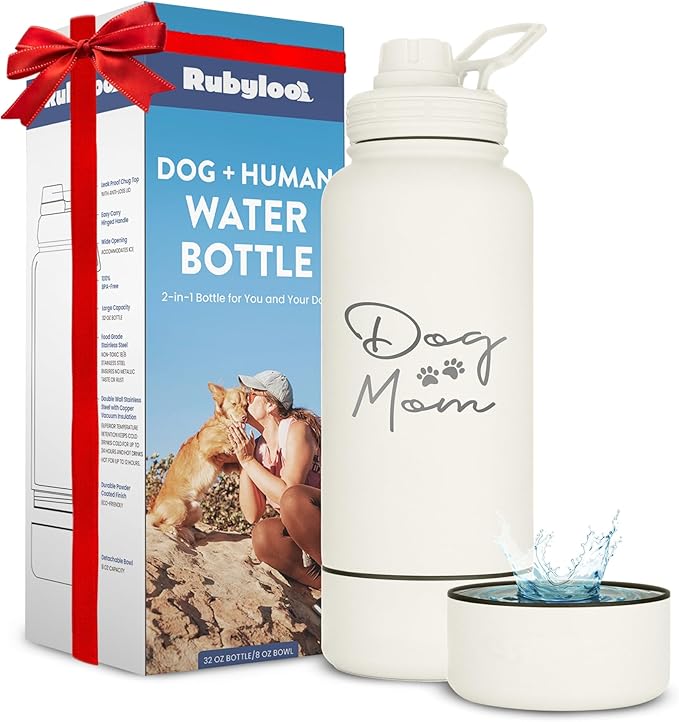 Dog Mom Water Bottle - 32 oz Stainless Steel Double Wall Insulated with 8 oz Detachable Bowl on Bottom - Cool Dog Mom Gifts for Women for Christmas, Birthdays or Gift from The Doggy - DM Cream