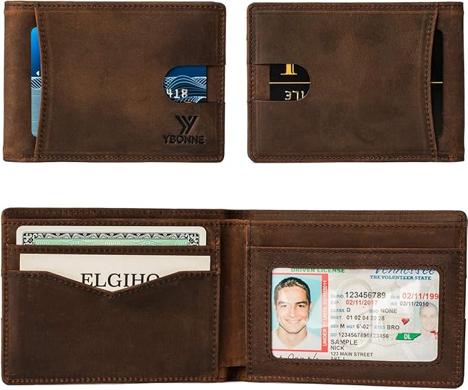 YBONNE Functional Compact RFID Blocking Bifold Wallet for Men, Made of Finest Genuine Leather