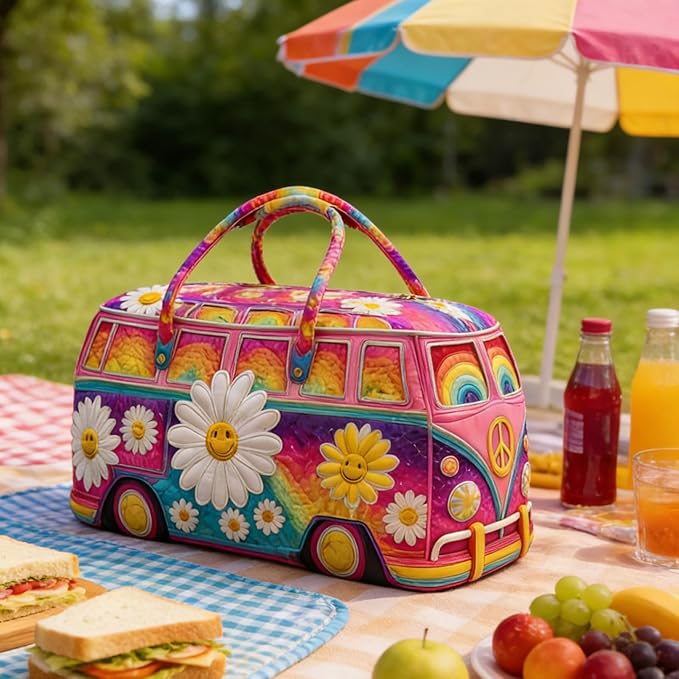 Hippie Journey Quilted Duffel Bag Hippie Van Travel Duffel Bag Vintage Floral Weekender Overnight Bags Women Gym Bags