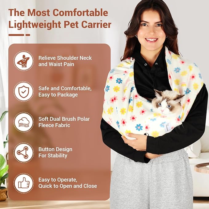 Dog Carrier Sling,Indoor Comfort Adjustable Cat Sling Carrier,with Front Pocket and Seat Belt Dog Carriers for Small Dogs Machine Washable,Suitable for Family Outdoor Use (Medium, Daisy)