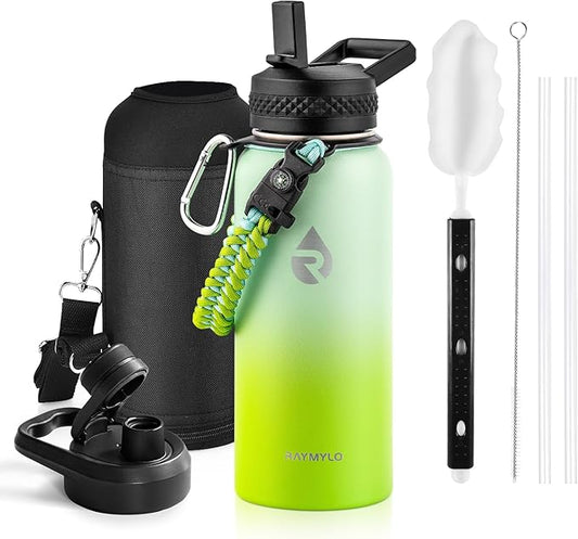Insulated Water Bottle 32 oz, Triple Wall Vacuum Stainless Steel (Cold for 48 Hrs), Leak Proof & Non-BPA, Modern Water Flask Jug with Paracord Handle & Straw Spout Lids, Ombre Green