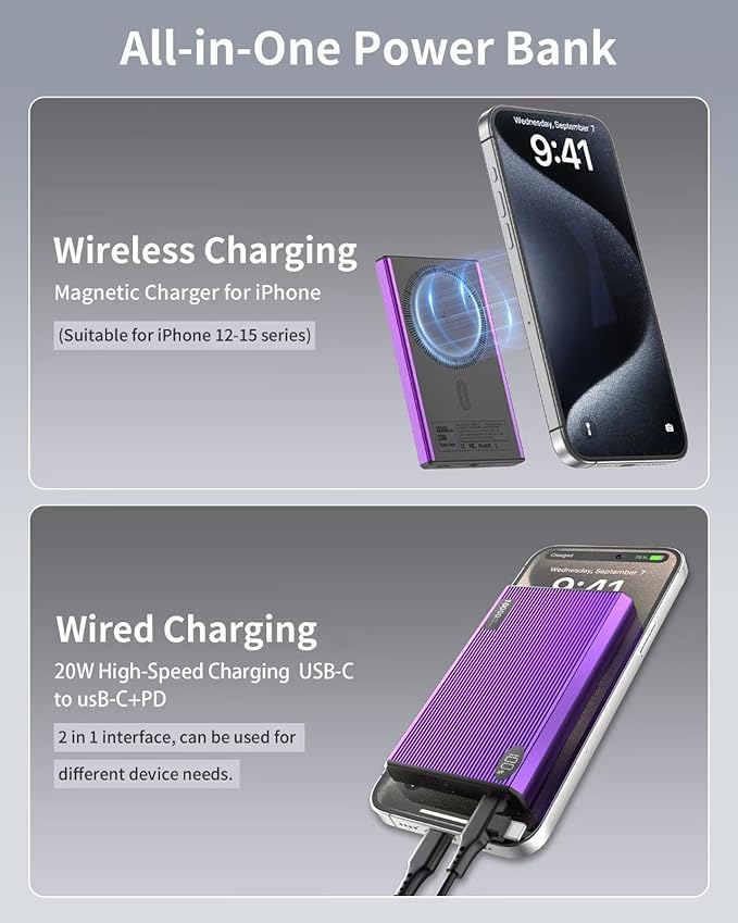 Portable Charger Power Bank, 10000mAh Wireless Charger iPhone with USB C to 20 W PD Fast Charging Cable, Mag-Safe Battery Pack Magnetic Charger for iPhone 17/16/15/14/13/12 Pro/Pro Max/Plus iPad